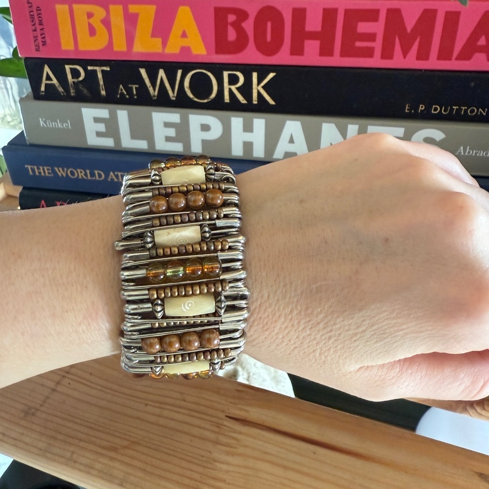 Vintage Beaded African safety pin Stretch Bracelet with Silver and Brown Accents